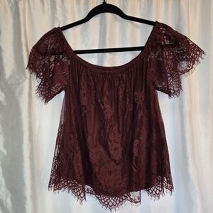 American Eagle Outfitters Lace Off-Shoulder Top - Dark Red